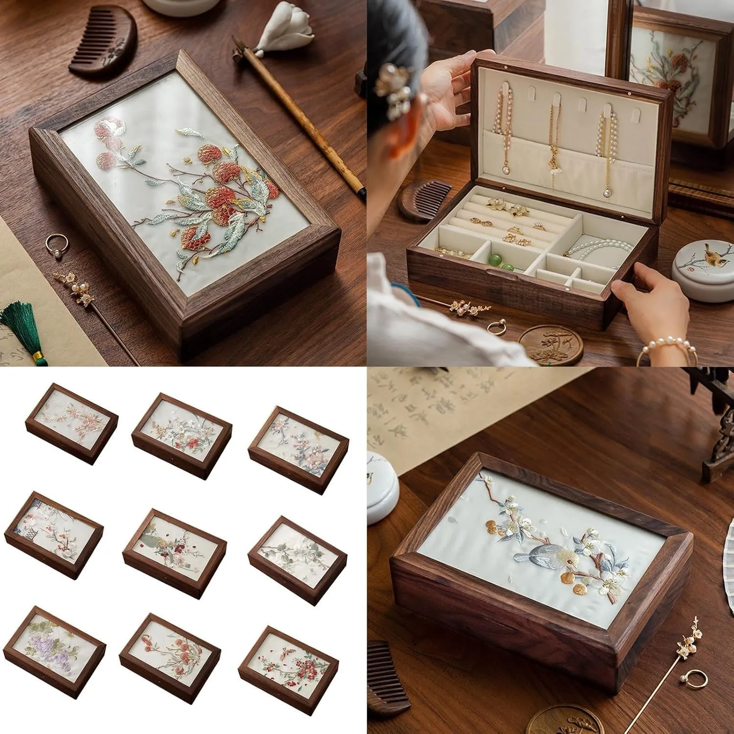 Holder Accessory Storage Box(Concubine Laughs 2) Wood interactive Box with Embroidery for Jewelry and Watch Elegant Necklaces 