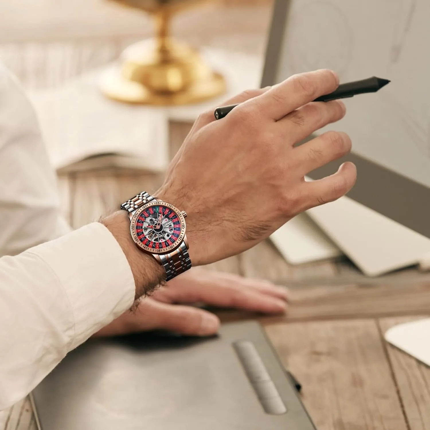 Hollow Waterproof Luminous Watch precious fearless injurious substantially Stainless Steel Band Self Winding Roulette Wheel Business Casual Wristwatch CARLIEN Mens Gambling Automatic Mechanical Skeleton 