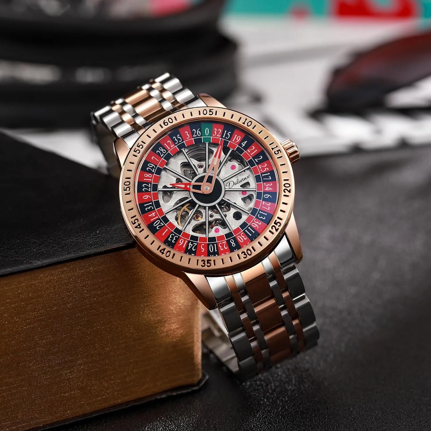 Hollow Waterproof Luminous Watch precious fearless injurious substantially Stainless Steel Band Self Winding Roulette Wheel Business Casual Wristwatch CARLIEN Mens Gambling Automatic Mechanical Skeleton 