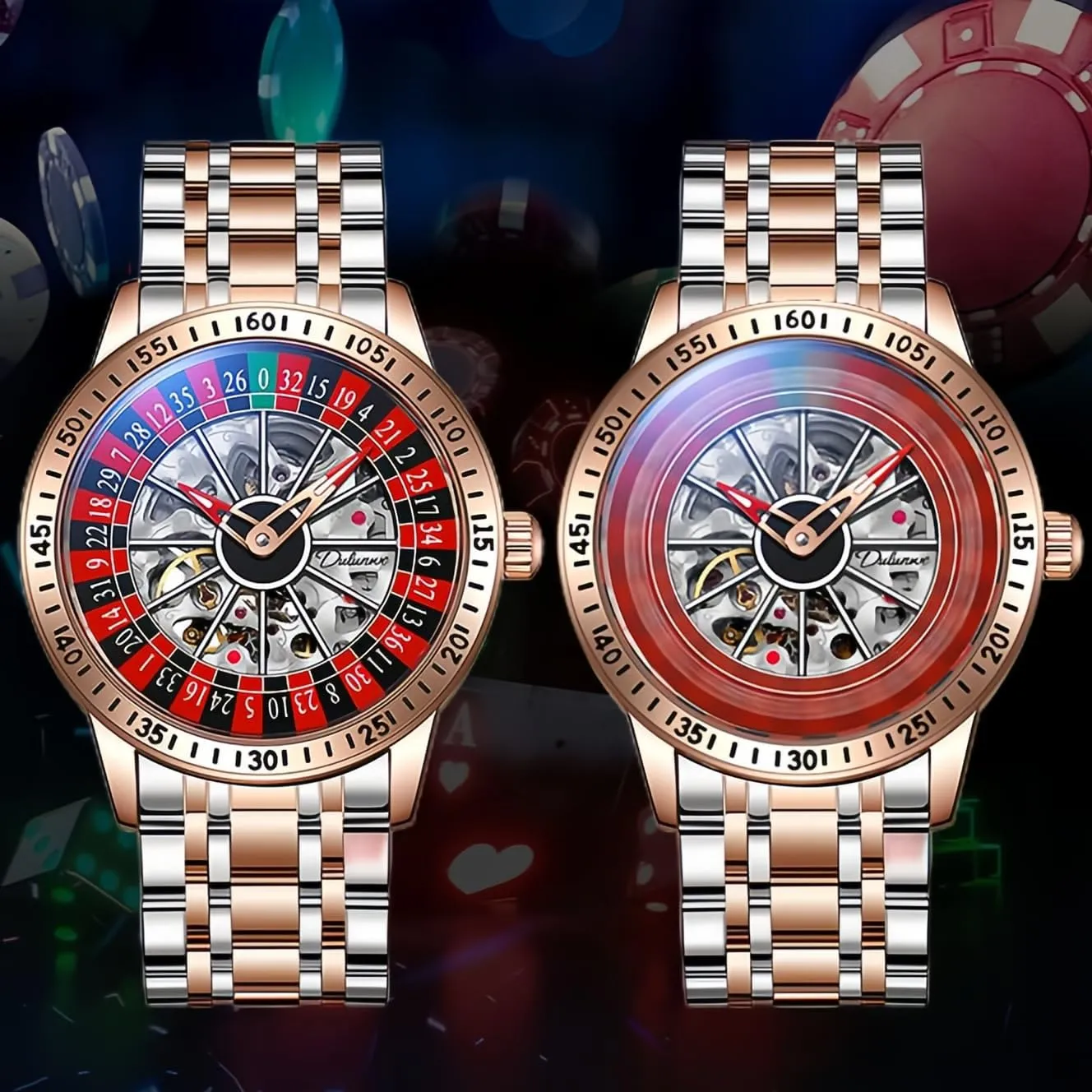 Hollow Waterproof Luminous Watch precious fearless injurious substantially Stainless Steel Band Self Winding Roulette Wheel Business Casual Wristwatch CARLIEN Mens Gambling Automatic Mechanical Skeleton 