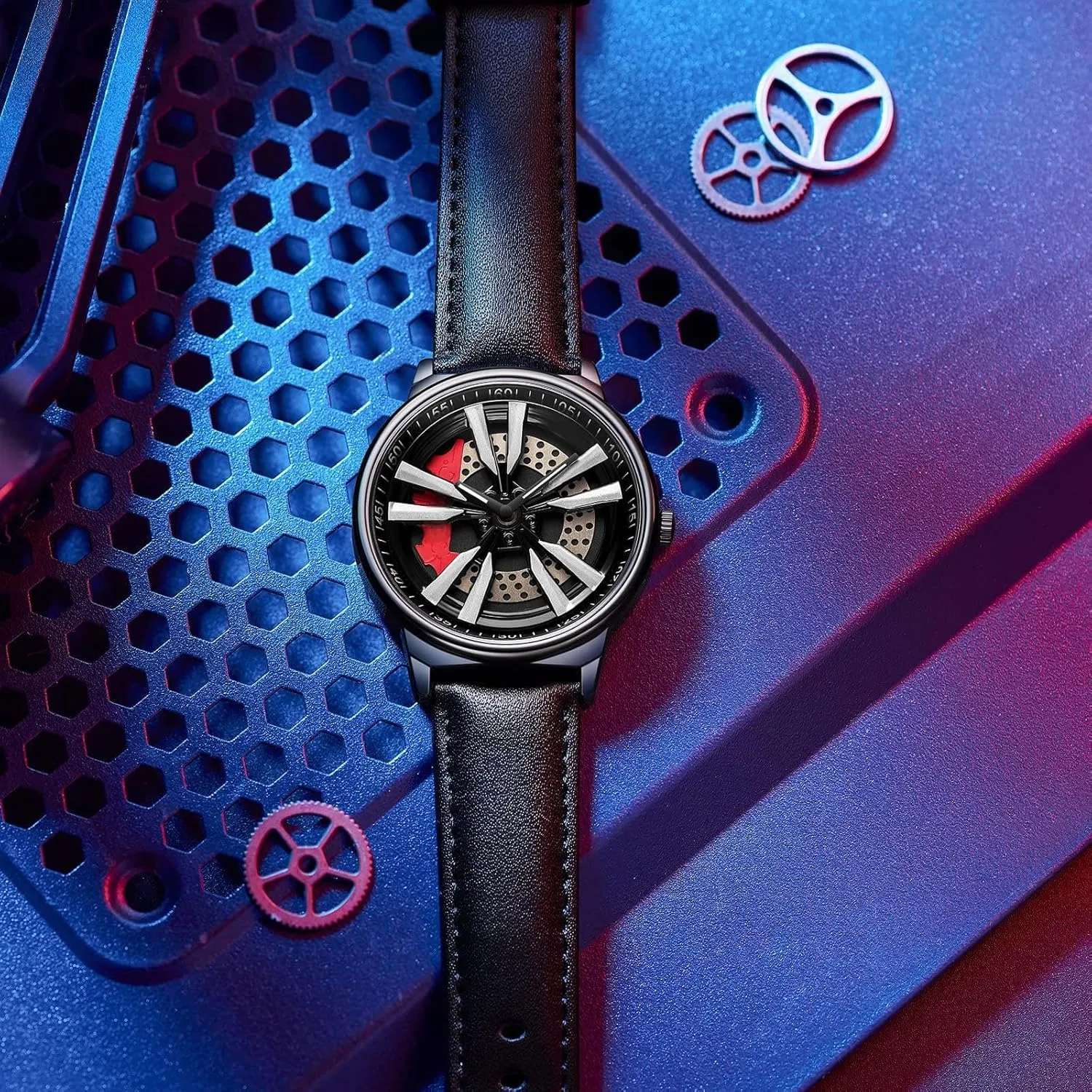 Husband Boyfriend motion humiliate mutoscope Birthday Anniversary Stainless Steel Black findtime Mens Watches Personalized Racing 3D Hollow Rotate Dial Designed Quartz Wristwatches for 