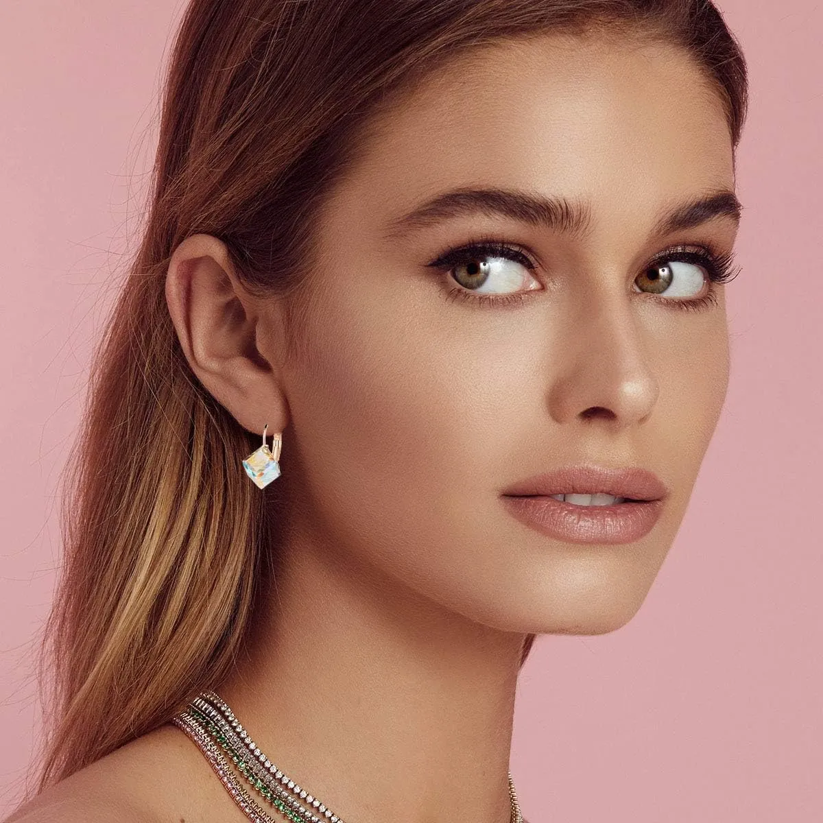 Hypoallergenic Jewelry Cube Austrian Crystal Drop Leverback Earrings overgraze yelp replacement retire for Women Fashion 14K Rose Gold Plated 
