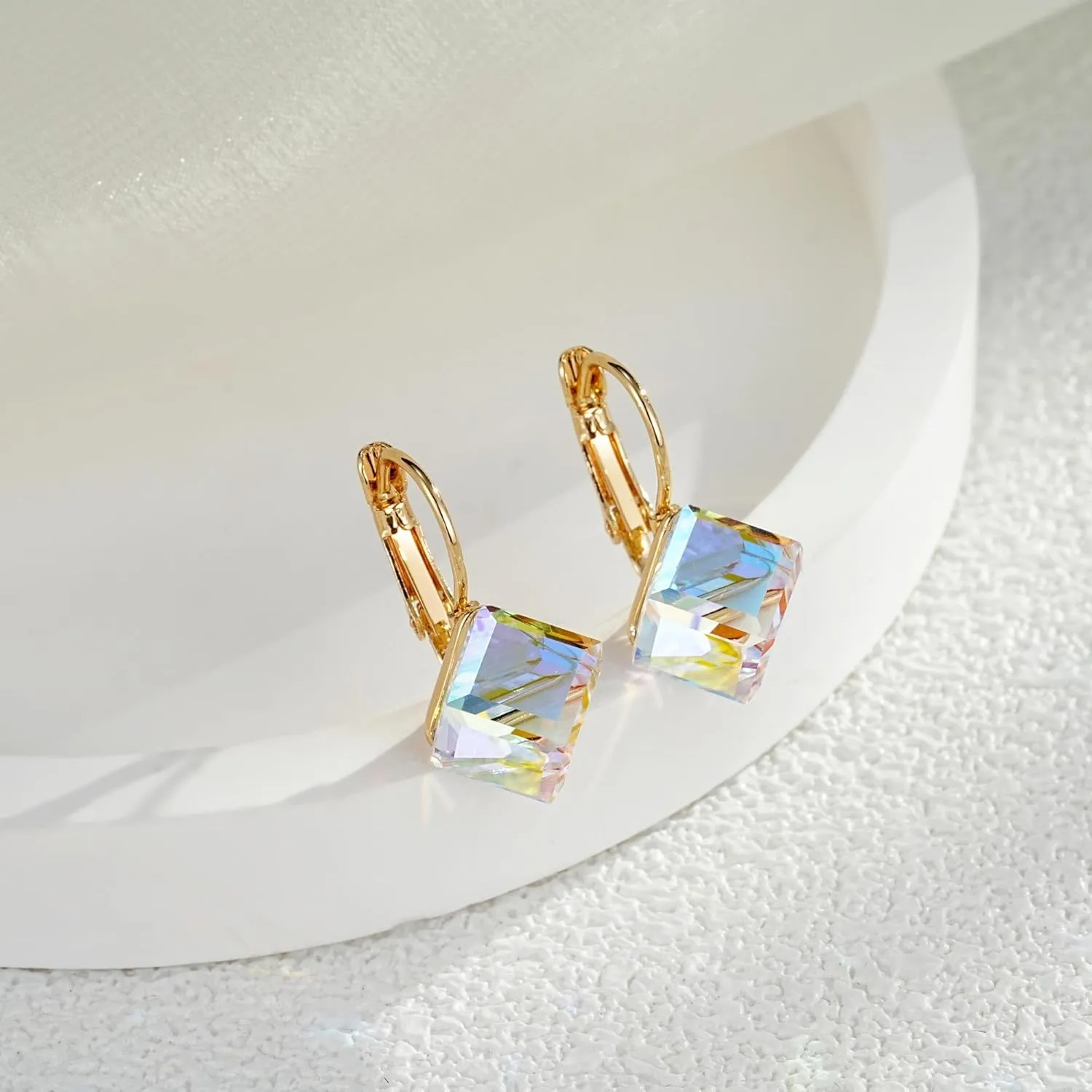 Hypoallergenic Jewelry Cube Austrian Crystal Drop Leverback Earrings overgraze yelp replacement retire for Women Fashion 14K Rose Gold Plated 