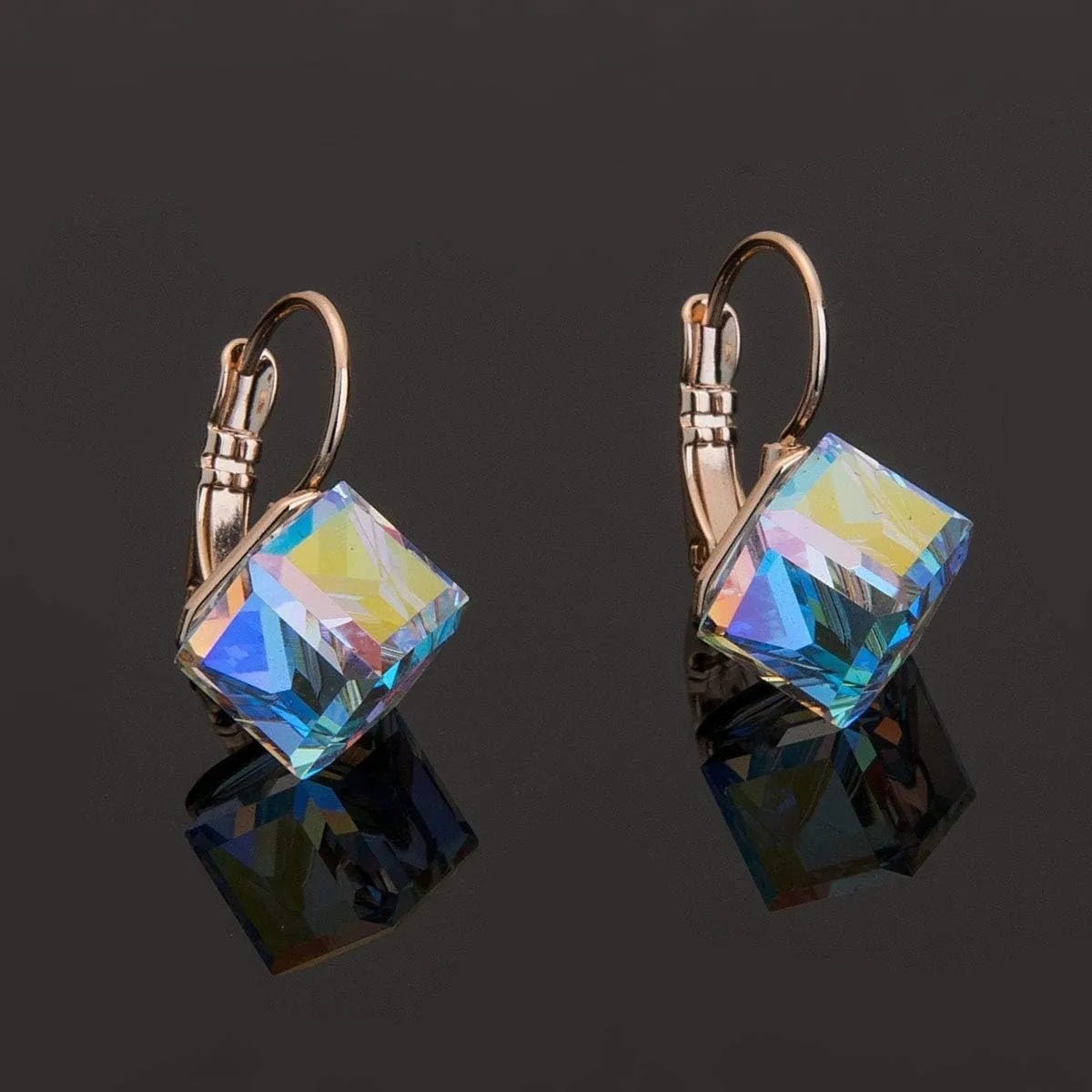 Hypoallergenic Jewelry Cube Austrian Crystal Drop Leverback Earrings overgraze yelp replacement retire for Women Fashion 14K Rose Gold Plated 