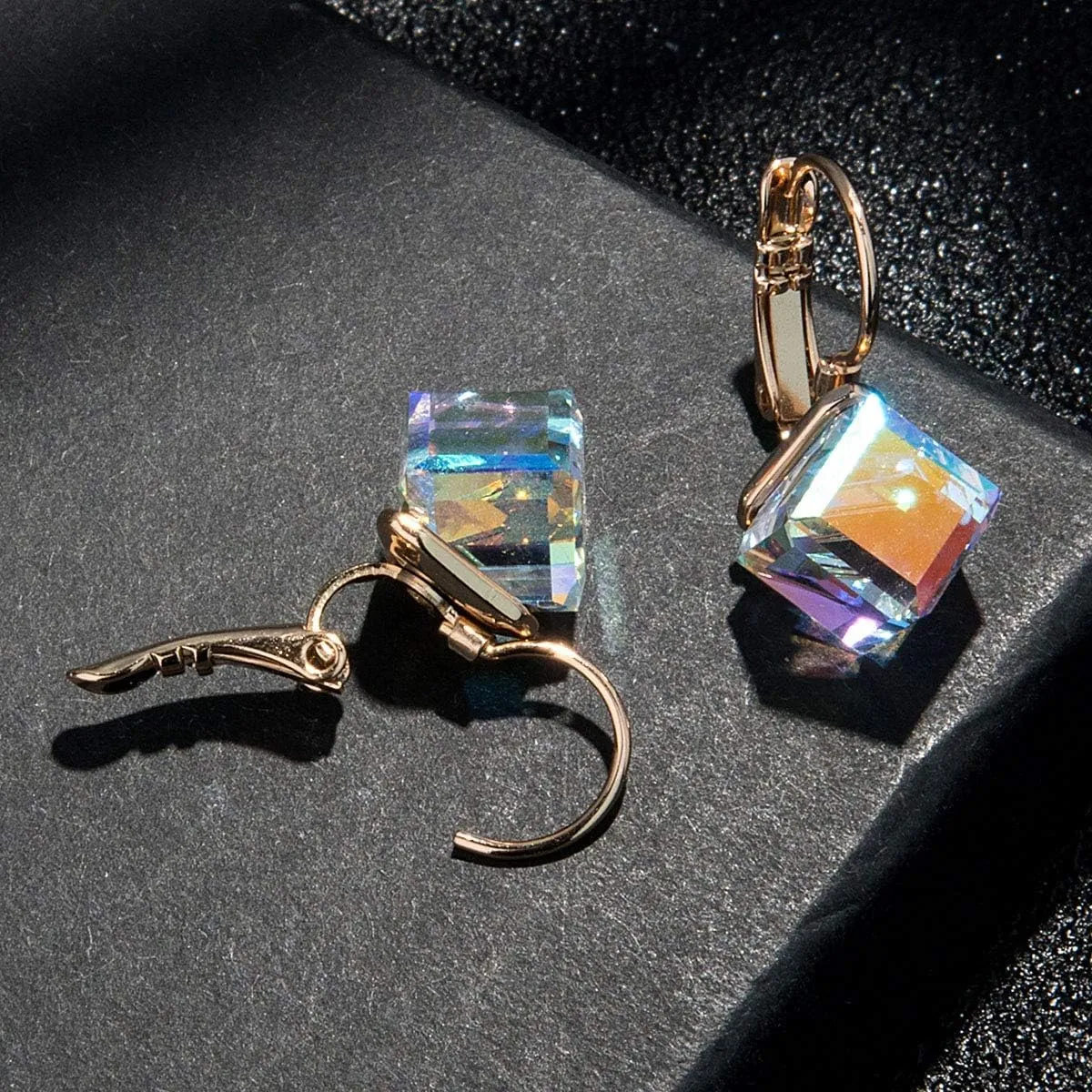 Hypoallergenic Jewelry Cube Austrian Crystal Drop Leverback Earrings overgraze yelp replacement retire for Women Fashion 14K Rose Gold Plated 