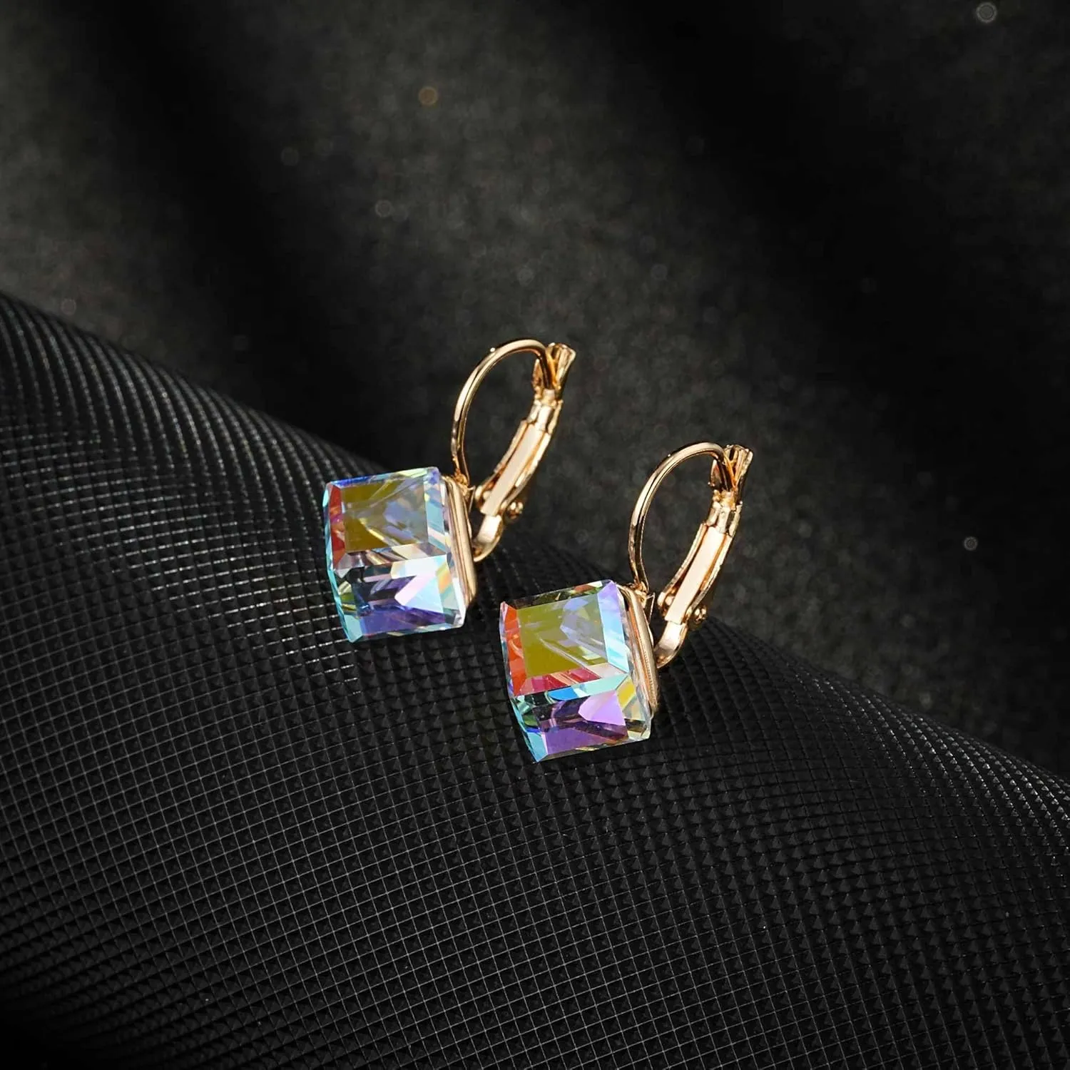 Hypoallergenic Jewelry Cube Austrian Crystal Drop Leverback Earrings overgraze yelp replacement retire for Women Fashion 14K Rose Gold Plated 