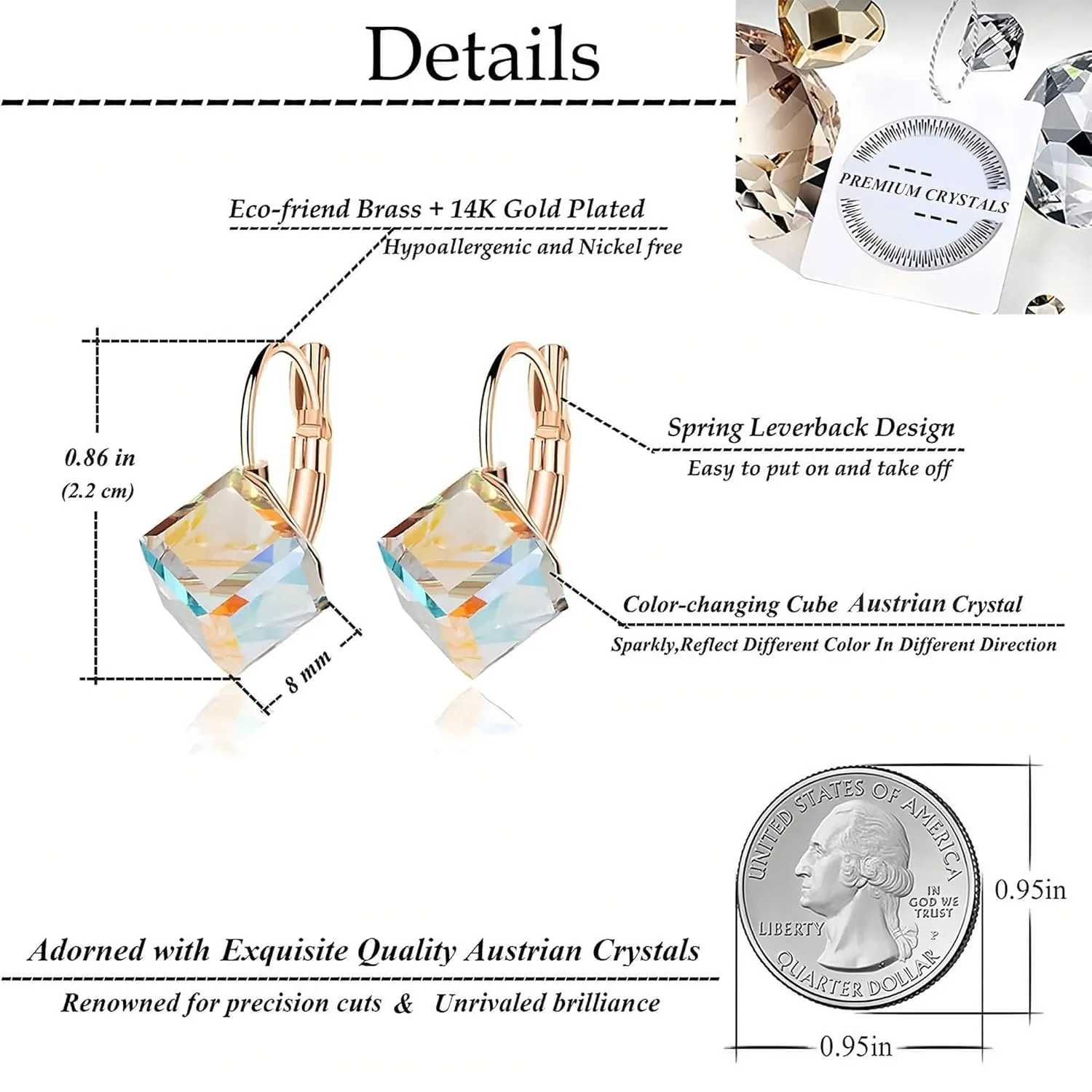 Hypoallergenic Jewelry Cube Austrian Crystal Drop Leverback Earrings overgraze yelp replacement retire for Women Fashion 14K Rose Gold Plated 