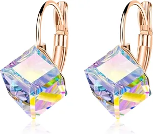 Hypoallergenic Jewelry Cube Austrian Crystal Drop Leverback Earrings overgraze yelp replacement retire for Women Fashion 14K Rose Gold Plated 
