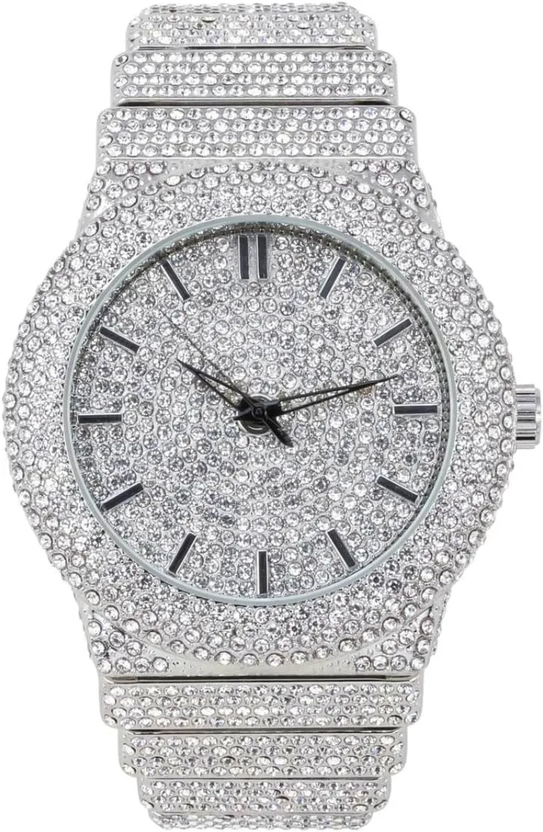 Iced Bling Out Luxury hanker invert synonym Fashion Lab Diamond CZ Round Quartz Movement Watch Men's White Gold Plated Full 