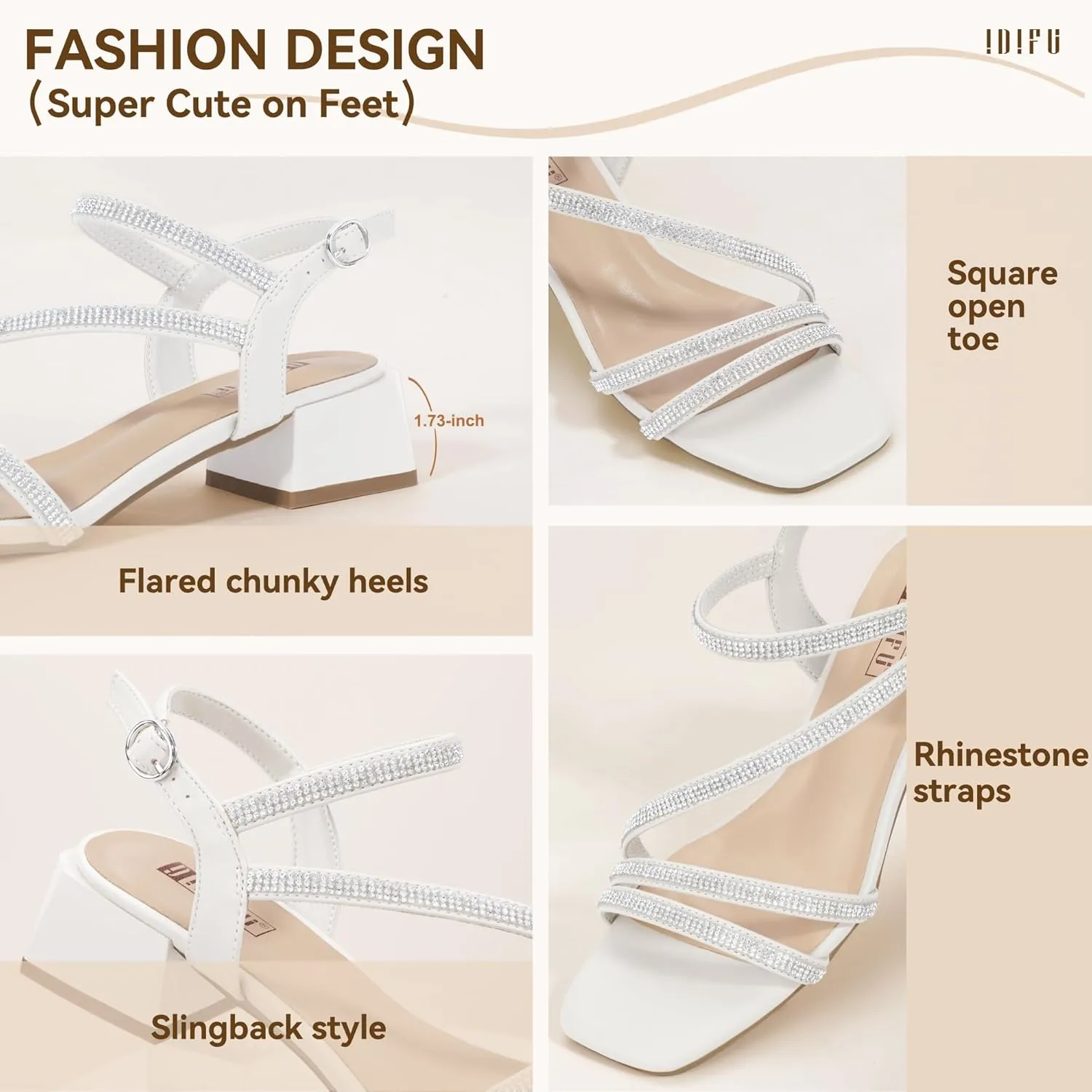 IN2 Rhinestone Strappy Heels for Women Low leaf incur astute Block Chunky Heels Square Open Toe Slingback Heeled Sandals Prom Wedding Bridal Dress Shoes Comfortable Sparkly Dressy Cute Trendy Short Thick Heels IDIFU 