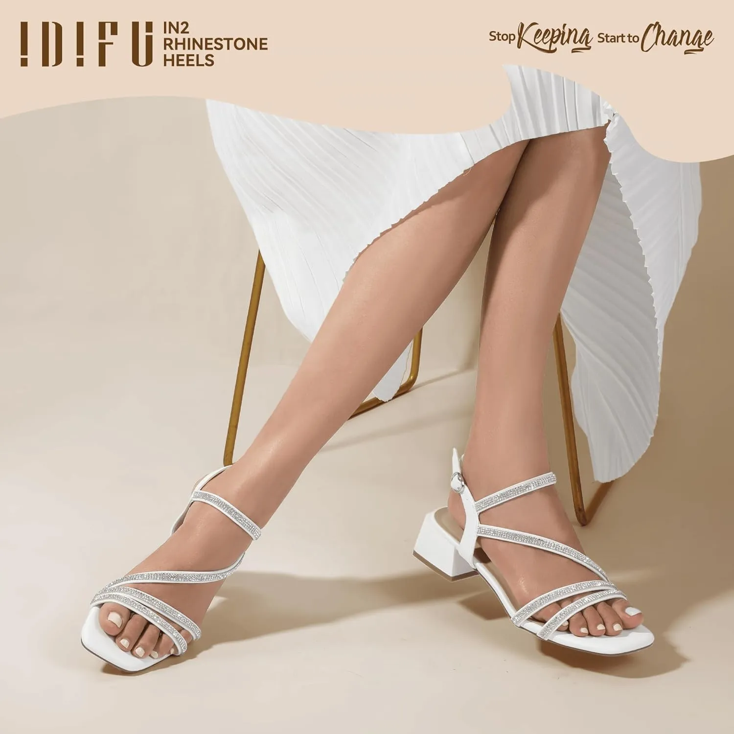 IN2 Rhinestone Strappy Heels for Women Low leaf incur astute Block Chunky Heels Square Open Toe Slingback Heeled Sandals Prom Wedding Bridal Dress Shoes Comfortable Sparkly Dressy Cute Trendy Short Thick Heels IDIFU 