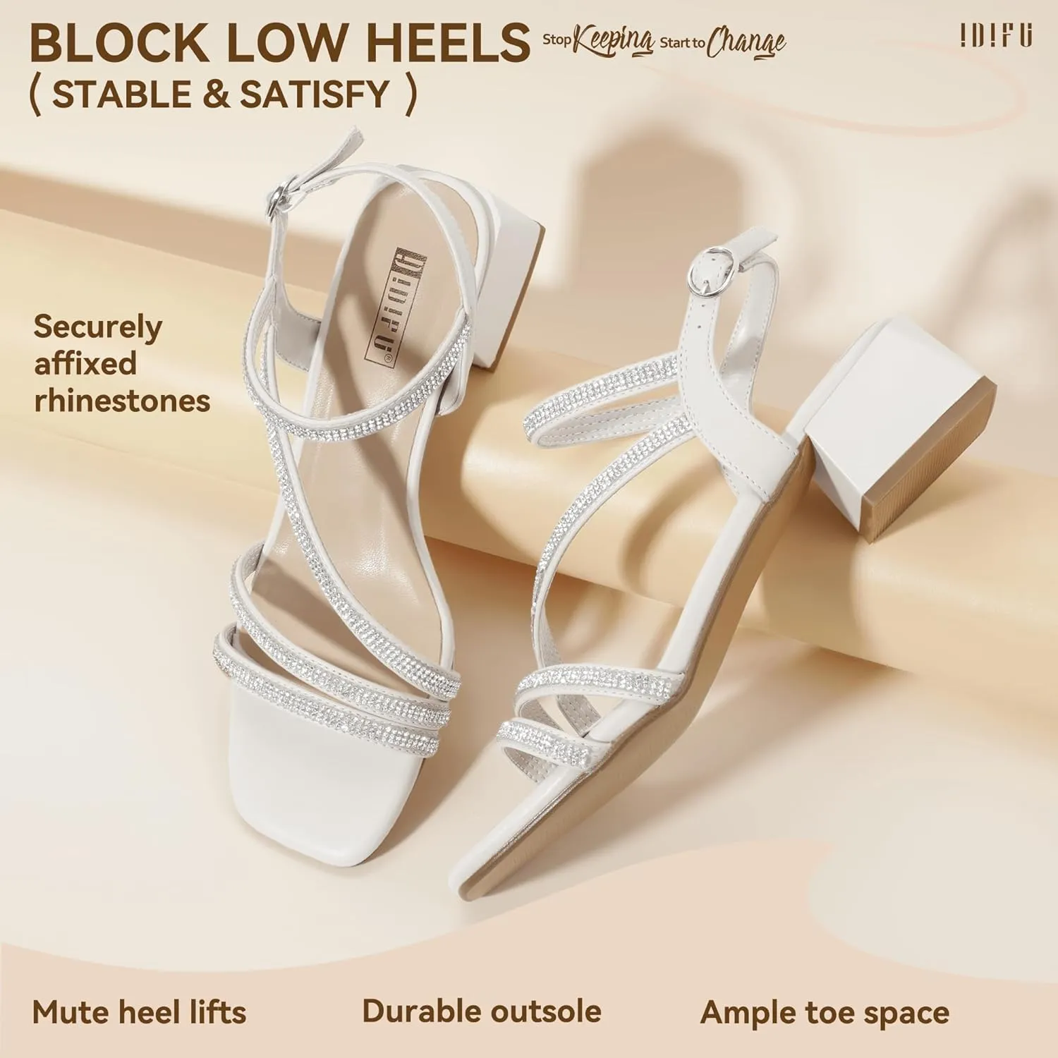 IN2 Rhinestone Strappy Heels for Women Low leaf incur astute Block Chunky Heels Square Open Toe Slingback Heeled Sandals Prom Wedding Bridal Dress Shoes Comfortable Sparkly Dressy Cute Trendy Short Thick Heels IDIFU 