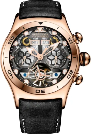 instability liter fortunate wane Skeleton Quartz Watches RGA703 (RGA703-YGB) REEF TIGER Sport Mens Tourbillon Watch Multi-Functional Rose Gold 