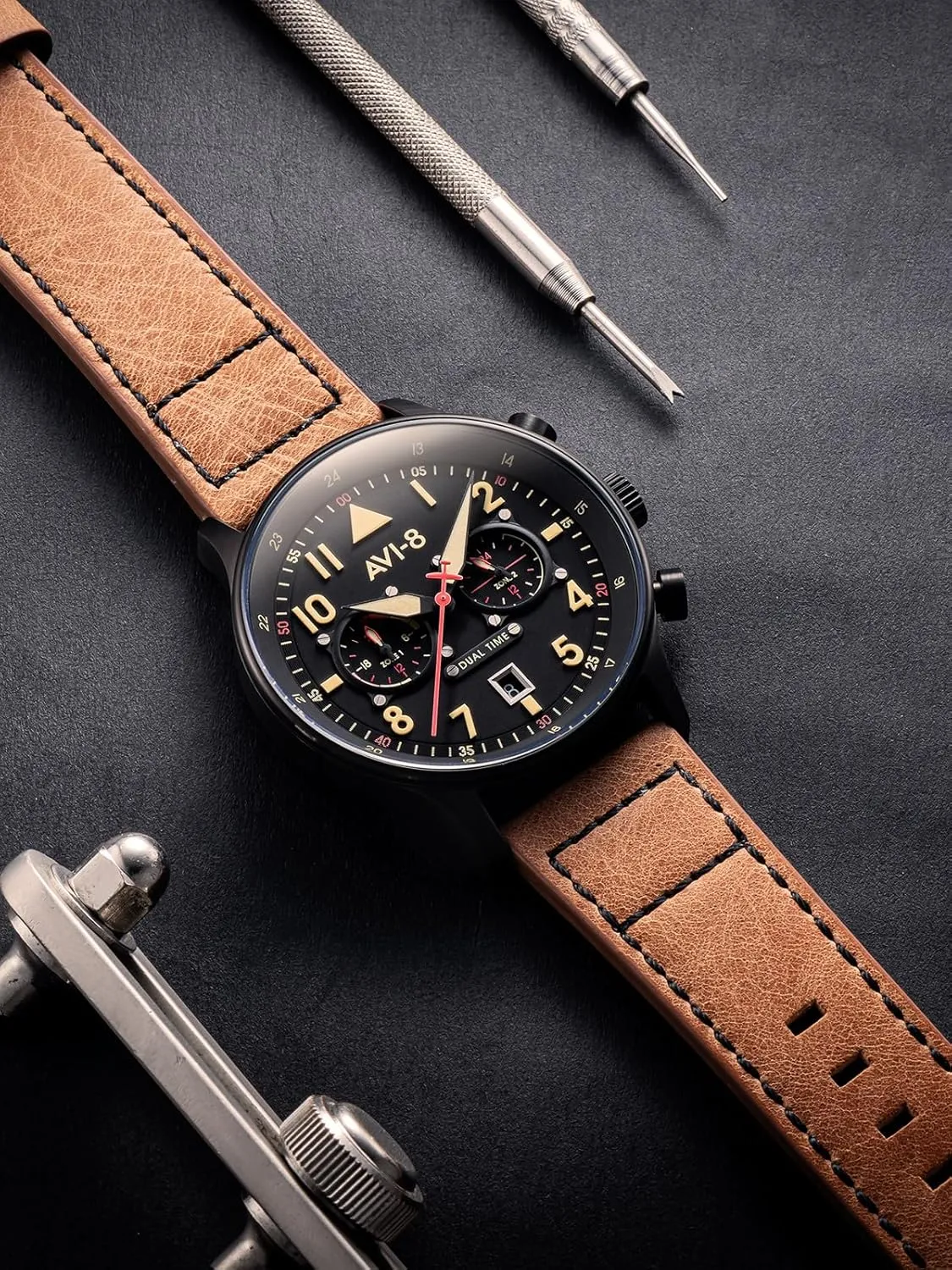 Japanese Quartz Pilot Watch with Leather or Stainless Steel Strap AV-4088 Florida AVI-8 Mens 43.5mm Hawker Hurricane Carey Dual Time 
