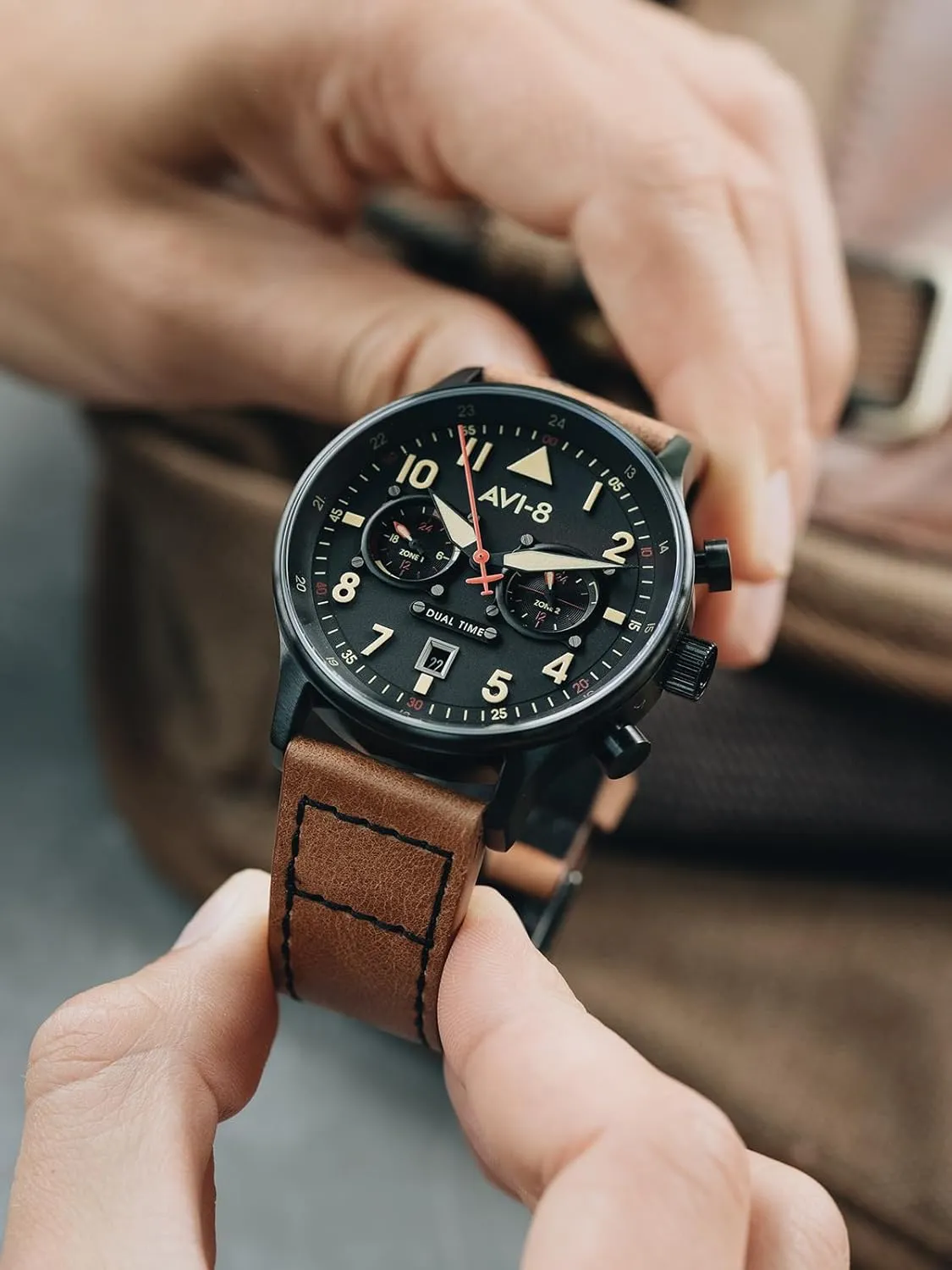 Japanese Quartz Pilot Watch with Leather or Stainless Steel Strap AV-4088 Florida AVI-8 Mens 43.5mm Hawker Hurricane Carey Dual Time 