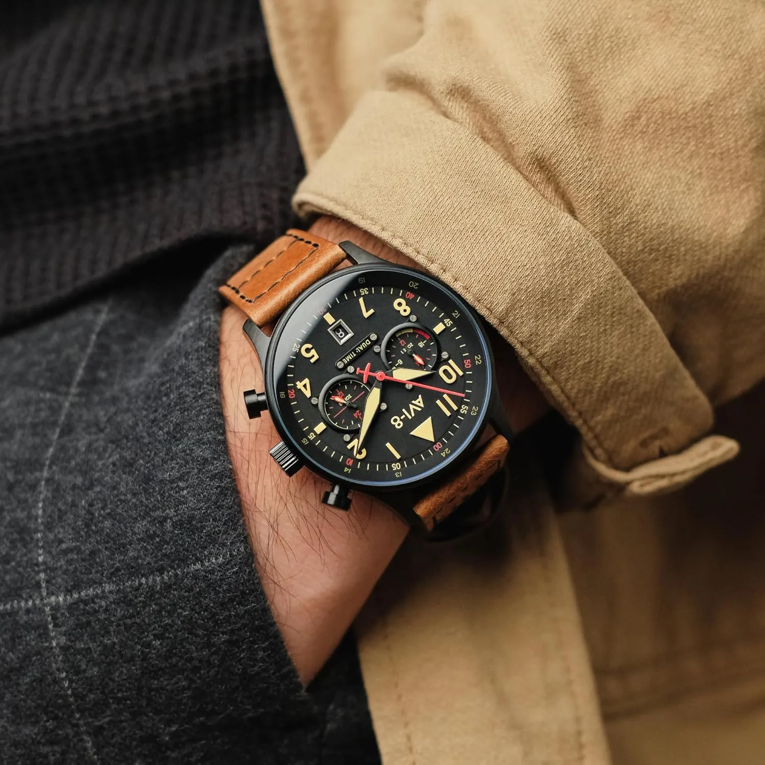 Japanese Quartz Pilot Watch with Leather or Stainless Steel Strap AV-4088 Florida AVI-8 Mens 43.5mm Hawker Hurricane Carey Dual Time 