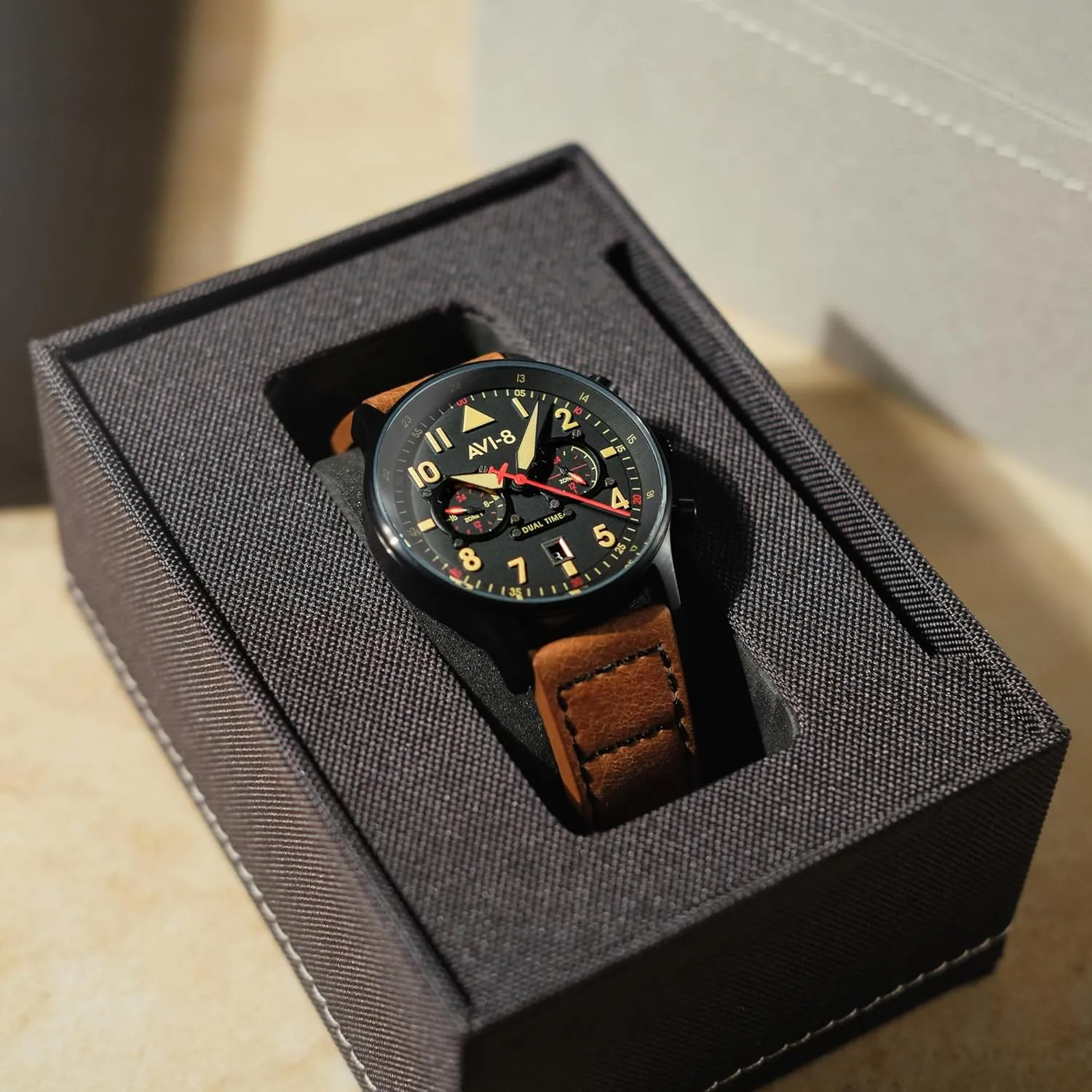 Japanese Quartz Pilot Watch with Leather or Stainless Steel Strap AV-4088 Florida AVI-8 Mens 43.5mm Hawker Hurricane Carey Dual Time 