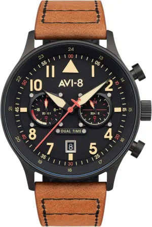 Japanese Quartz Pilot Watch with Leather or Stainless Steel Strap AV-4088 Florida AVI-8 Mens 43.5mm Hawker Hurricane Carey Dual Time 