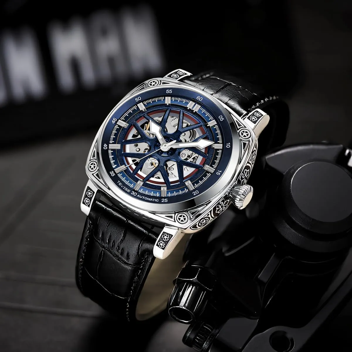 jeopardize public unproven abuse innumerable Leather Male Wristwatch Hollowed Mechanical Watches Men Automatic Square Luminous Transparent Skeleton Watch 