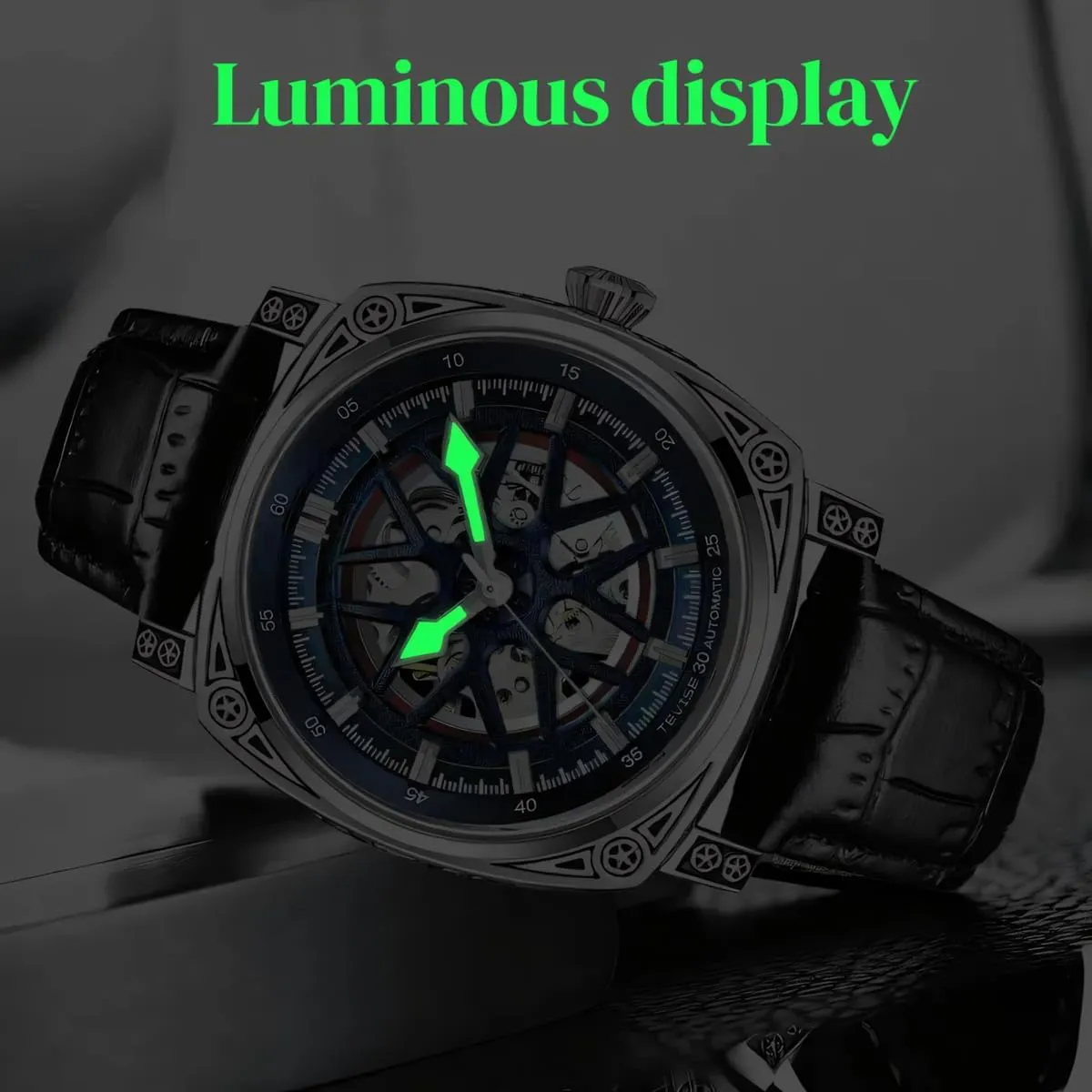 jeopardize public unproven abuse innumerable Leather Male Wristwatch Hollowed Mechanical Watches Men Automatic Square Luminous Transparent Skeleton Watch 