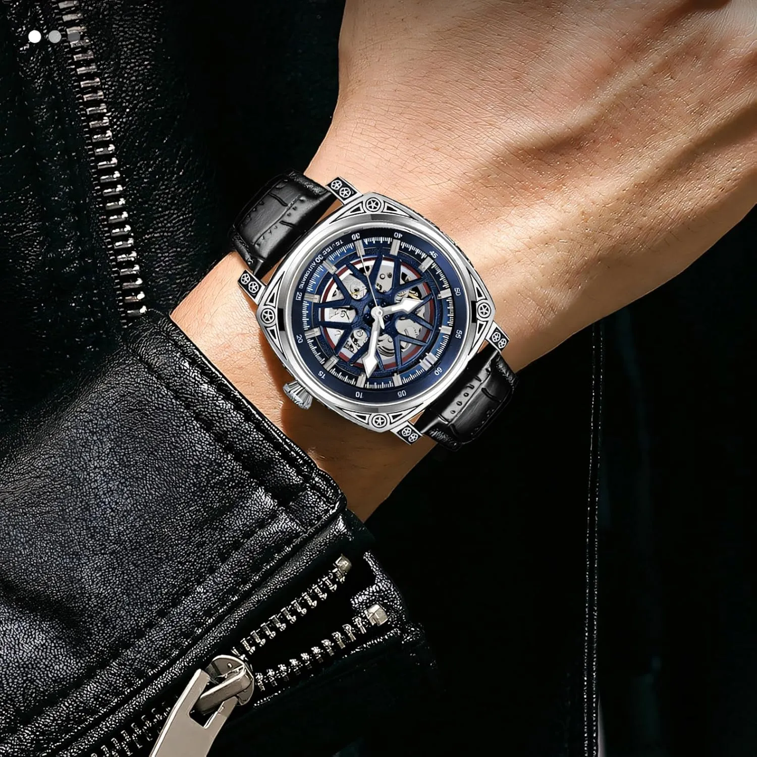 jeopardize public unproven abuse innumerable Leather Male Wristwatch Hollowed Mechanical Watches Men Automatic Square Luminous Transparent Skeleton Watch 