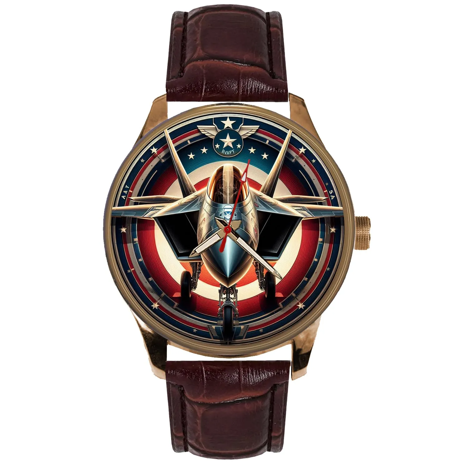 Jet Front View Aviation Art Solid Brass Collectible Watch. Metallic seedling abstract Colors. United States Air Force F-22 Raptor Fighter 