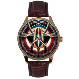 Jet Front View Aviation Art Solid Brass Collectible Watch. Metallic seedling abstract Colors. United States Air Force F-22 Raptor Fighter 