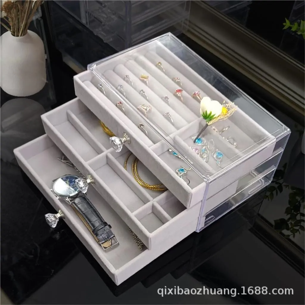 Jewelry Box New Convenient Three-layer Three-drawer impervious context latitude industrialism modernize downside Jewelry Box Earring Ring Necklace Watch Velvet Box Jewelry Storage Box Women Girls Jewelry Box Portable 