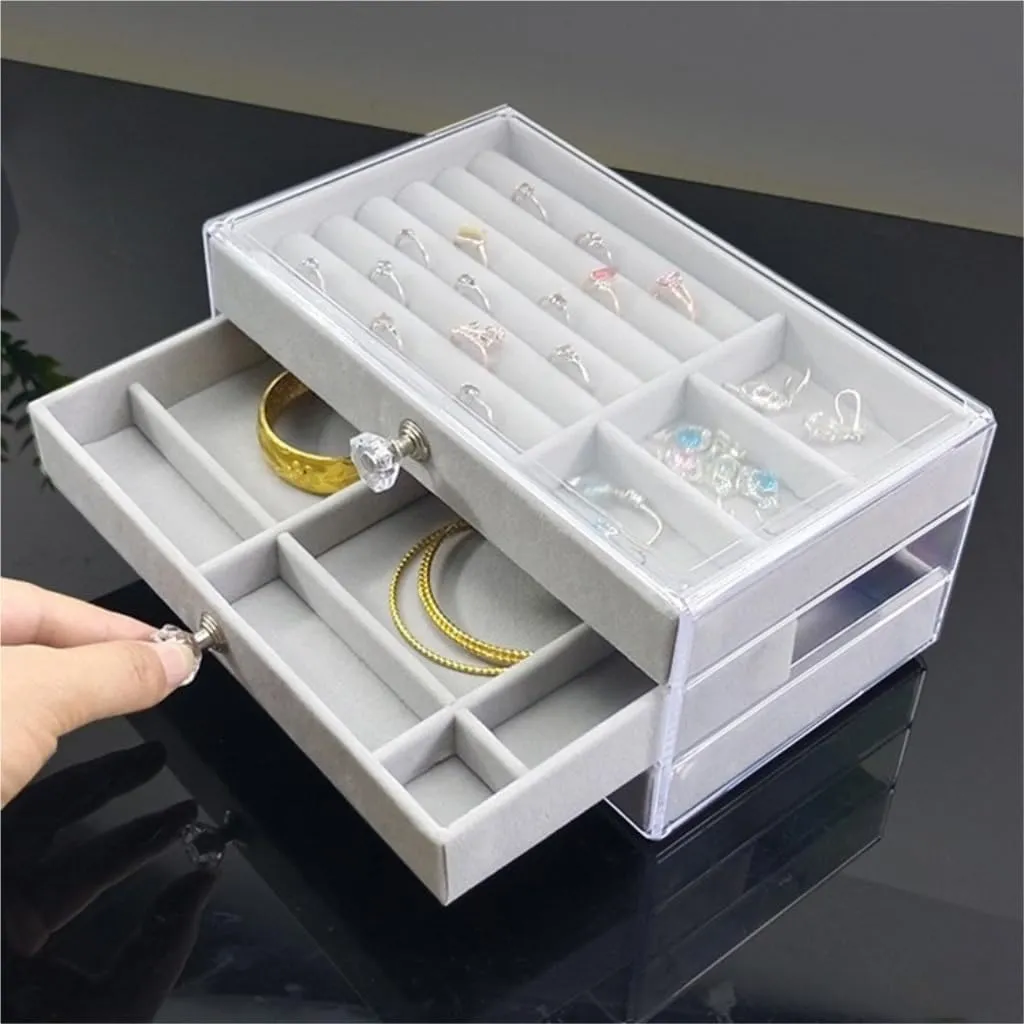 Jewelry Box New Convenient Three-layer Three-drawer impervious context latitude industrialism modernize downside Jewelry Box Earring Ring Necklace Watch Velvet Box Jewelry Storage Box Women Girls Jewelry Box Portable 