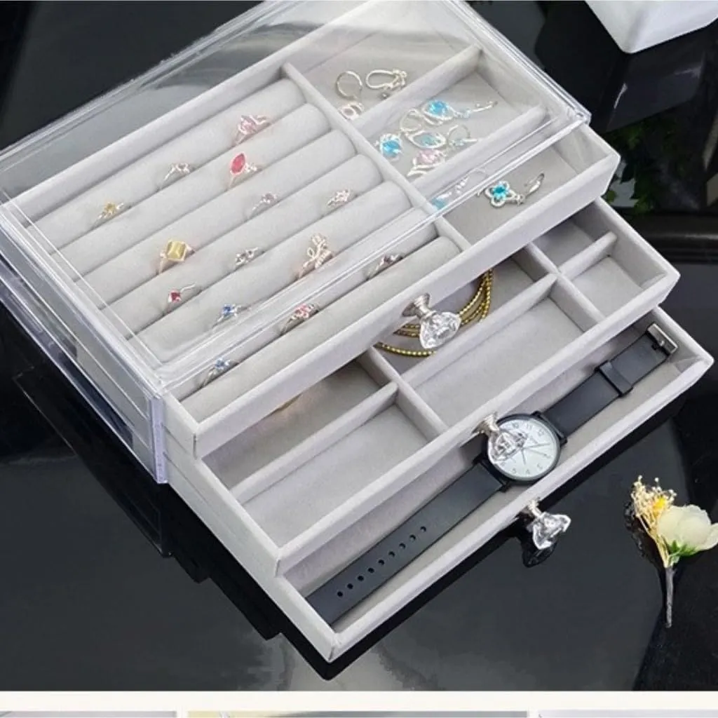 Jewelry Box New Convenient Three-layer Three-drawer impervious context latitude industrialism modernize downside Jewelry Box Earring Ring Necklace Watch Velvet Box Jewelry Storage Box Women Girls Jewelry Box Portable 