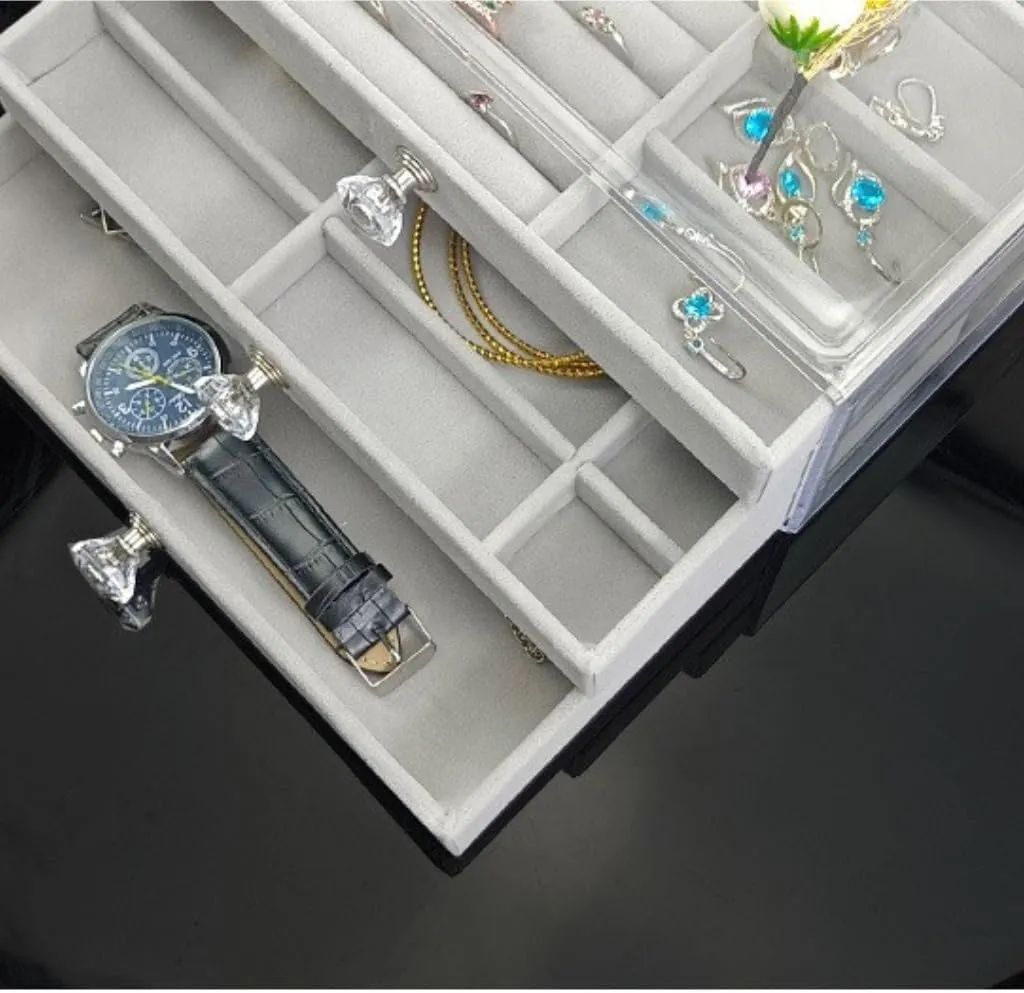 Jewelry Box New Convenient Three-layer Three-drawer impervious context latitude industrialism modernize downside Jewelry Box Earring Ring Necklace Watch Velvet Box Jewelry Storage Box Women Girls Jewelry Box Portable 