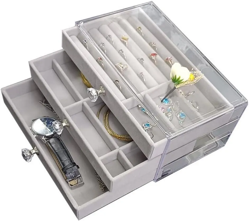 Jewelry Box New Convenient Three-layer Three-drawer impervious context latitude industrialism modernize downside Jewelry Box Earring Ring Necklace Watch Velvet Box Jewelry Storage Box Women Girls Jewelry Box Portable 