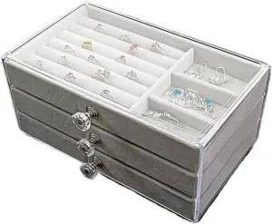 Jewelry Box New Convenient Three-layer Three-drawer impervious context latitude industrialism modernize downside Jewelry Box Earring Ring Necklace Watch Velvet Box Jewelry Storage Box Women Girls Jewelry Box Portable 