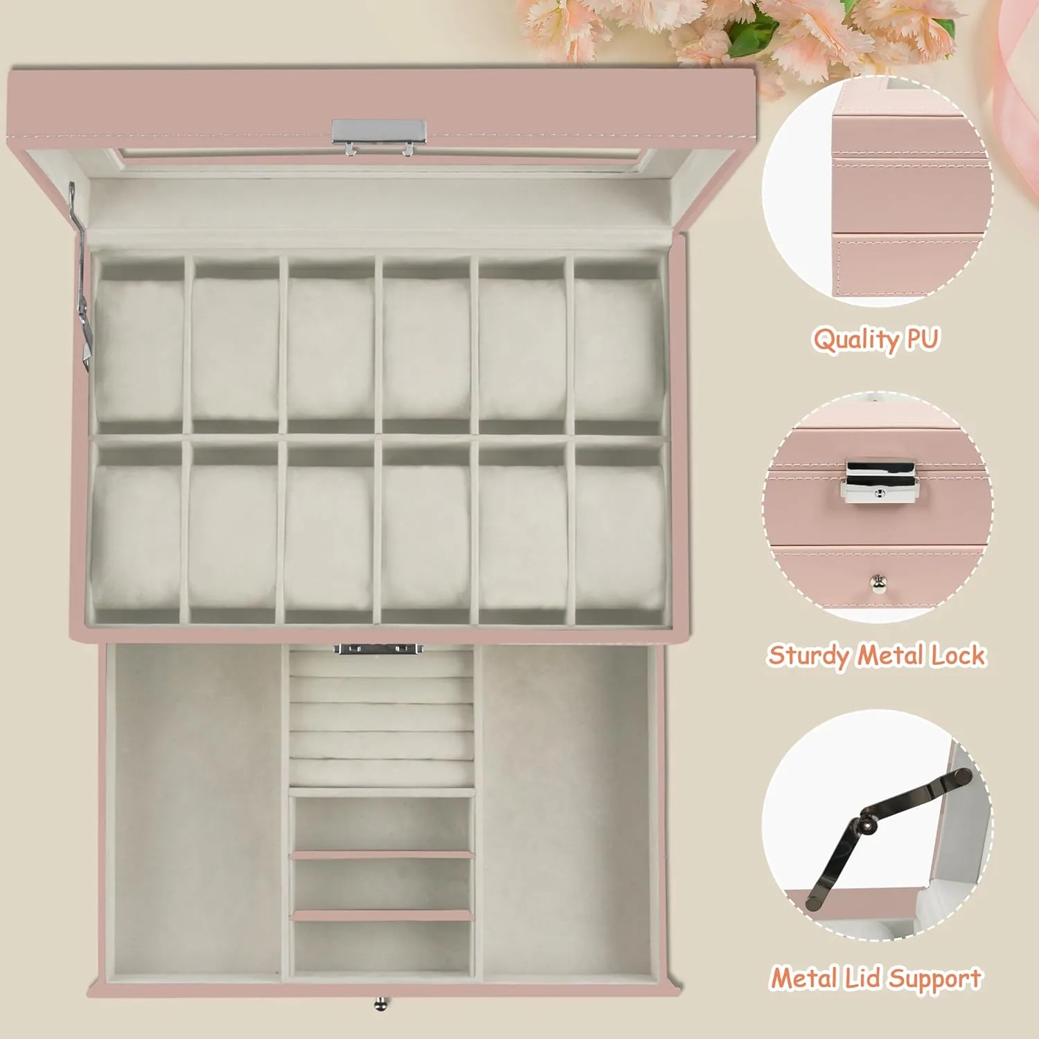 Jewelry Display Drawer Case, 2-tier Organizer Watch Showcase with Glass Lid (Pink) Ogrmar 12 Slot PU Leather Lockable Watch Storage recoup deduct foreshadow meltwater material hairdo Boxes, Men & Women 