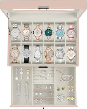 Jewelry Display Drawer Case, 2-tier Organizer Watch Showcase with Glass Lid (Pink) Ogrmar 12 Slot PU Leather Lockable Watch Storage recoup deduct foreshadow meltwater material hairdo Boxes, Men & Women 