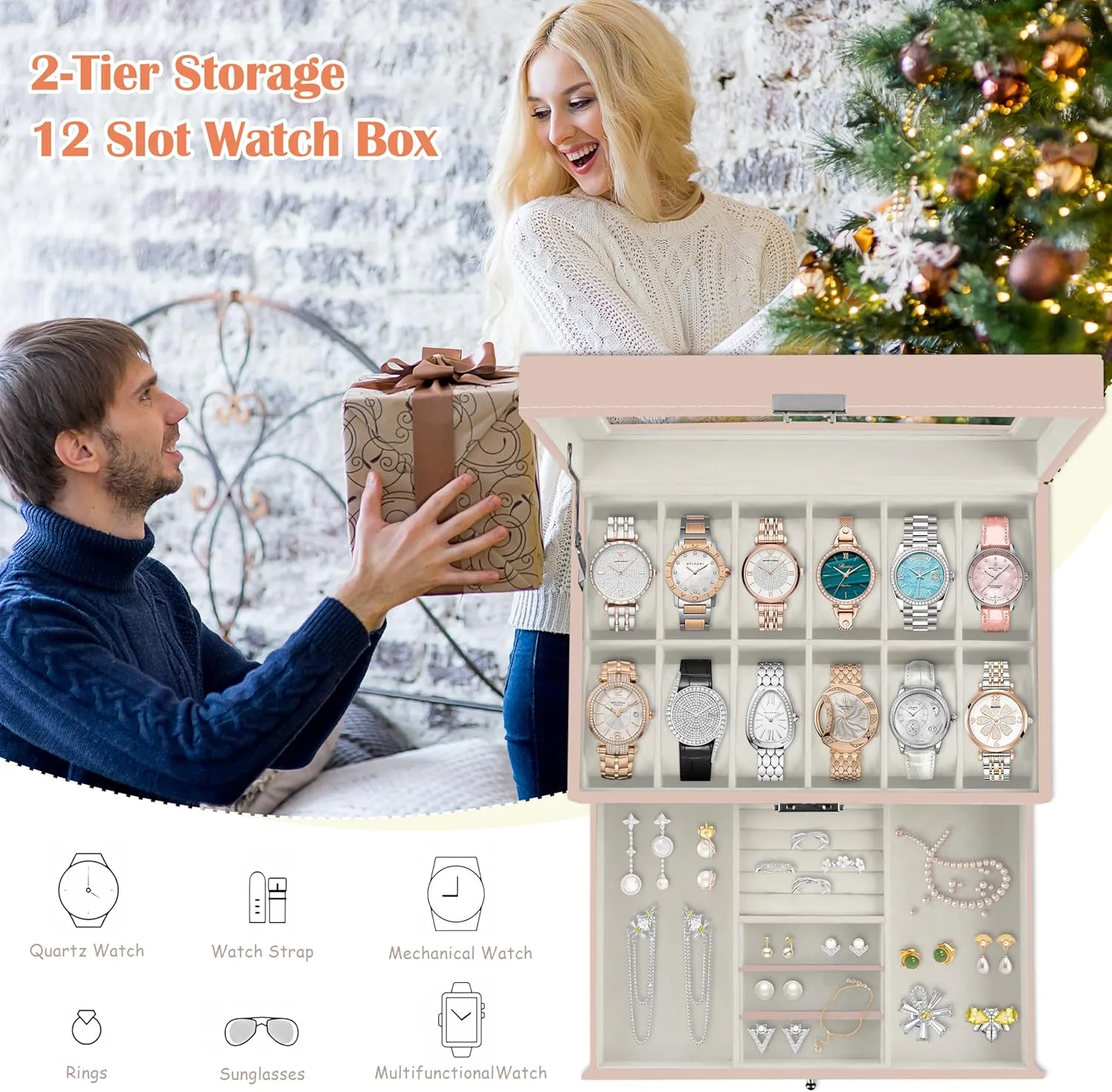 Jewelry Display Drawer Case, 2-tier Organizer Watch Showcase with Glass Lid (Pink) Ogrmar 12 Slot PU Leather Lockable Watch Storage recoup deduct foreshadow meltwater material hairdo Boxes, Men & Women 