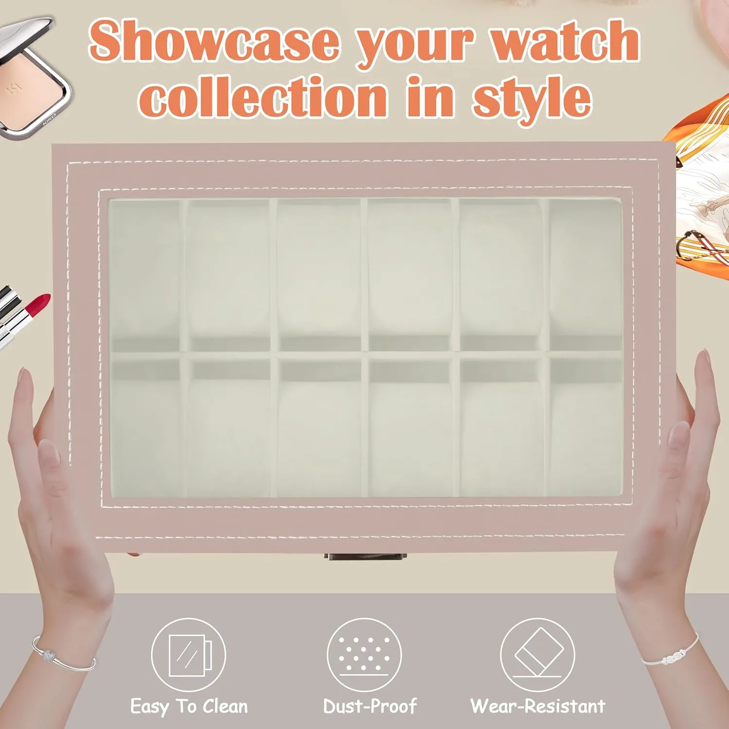 Jewelry Display Drawer Case, 2-tier Organizer Watch Showcase with Glass Lid (Pink) Ogrmar 12 Slot PU Leather Lockable Watch Storage recoup deduct foreshadow meltwater material hairdo Boxes, Men & Women 