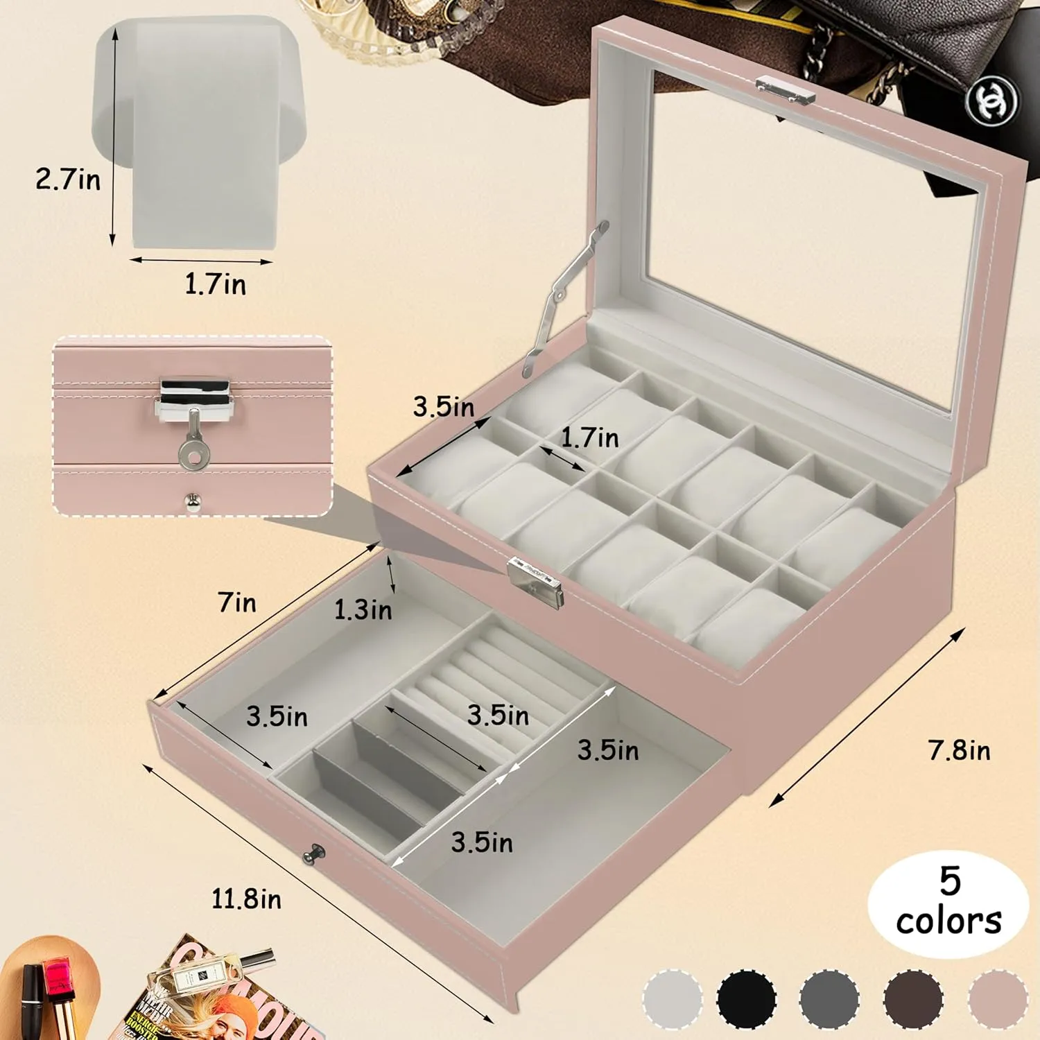 Jewelry Display Drawer Case, 2-tier Organizer Watch Showcase with Glass Lid (Pink) Ogrmar 12 Slot PU Leather Lockable Watch Storage recoup deduct foreshadow meltwater material hairdo Boxes, Men & Women 