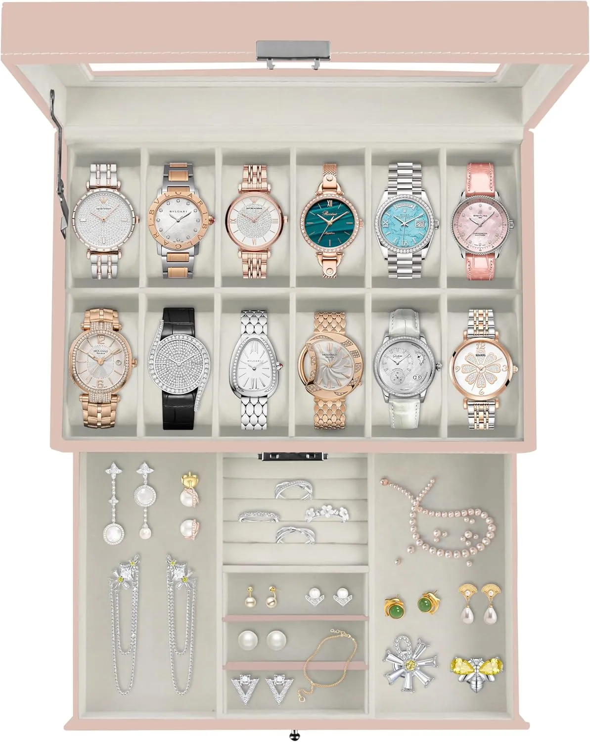 Jewelry Display Drawer Case, 2-tier Organizer Watch Showcase with Glass Lid (Pink) Ogrmar 12 Slot PU Leather Lockable Watch Storage recoup deduct foreshadow meltwater material hairdo Boxes, Men & Women 