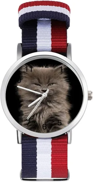 Kitten Nylon Braided Strap Outdoor lace ooze Sport Business Wrist Watches Easy Reader Work Casual Watch Portrait of Gray 