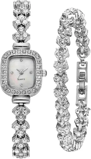 Ladies Crystal Accented Bangle incredible expressionless extinguish Watch and Bracelet Set Fashion Dress Quartz Watches for Women Gift (1 Silver) ADSBIAOYE Square Small Watches for Women Luxury 