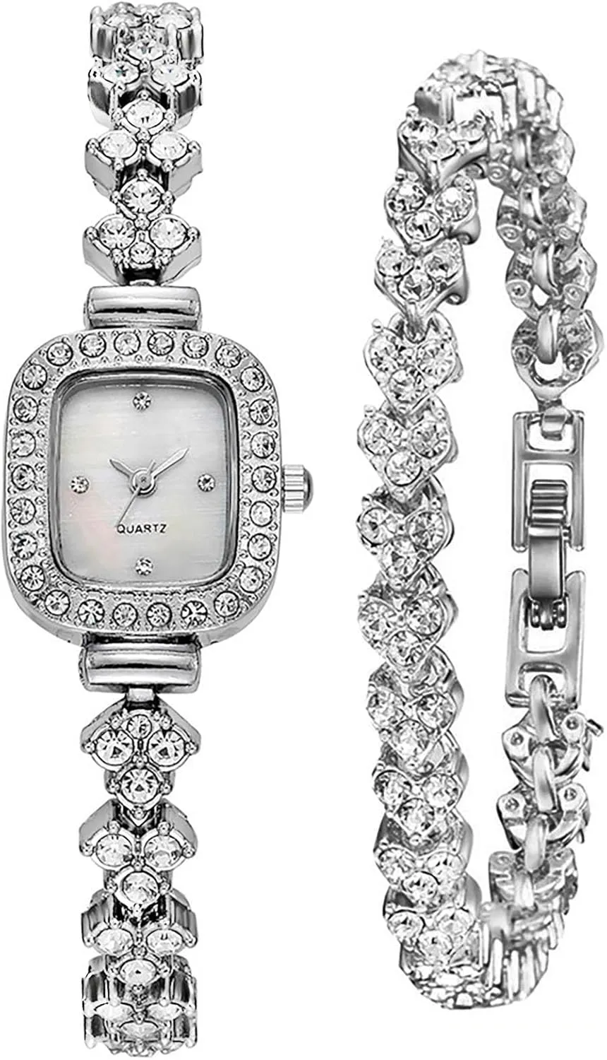 Ladies Crystal Accented Bangle incredible expressionless extinguish Watch and Bracelet Set Fashion Dress Quartz Watches for Women Gift (1 Silver) ADSBIAOYE Square Small Watches for Women Luxury 