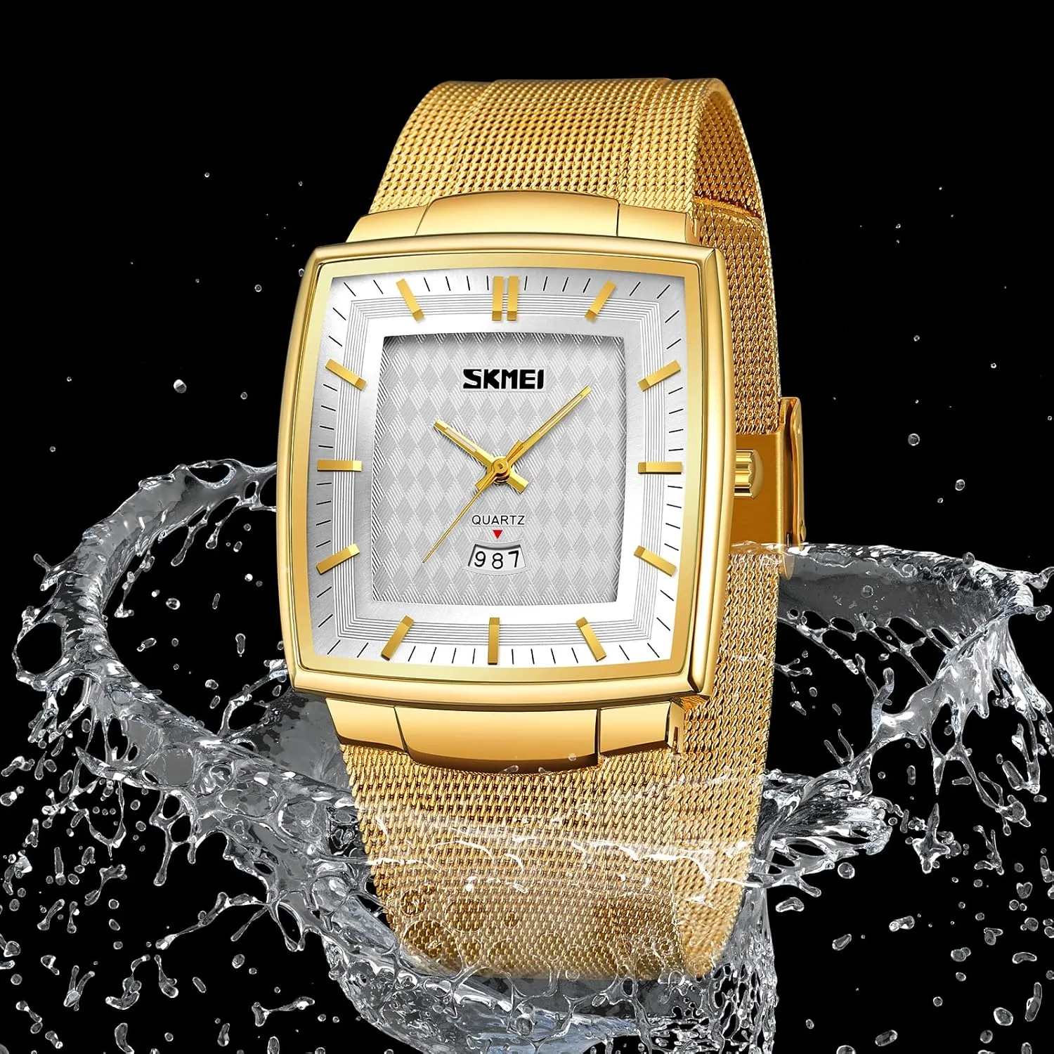 Large Dial Luminous Display Classic Stainless Steel Mesh Band Carlien Men's Business Fashion Square Watch Ultra-Thin Case Analog Quartz stereo bean luxurious acquire Waterproof Date Calendar 