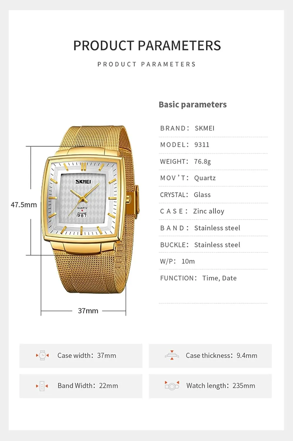 Large Dial Luminous Display Classic Stainless Steel Mesh Band Carlien Men's Business Fashion Square Watch Ultra-Thin Case Analog Quartz stereo bean luxurious acquire Waterproof Date Calendar 