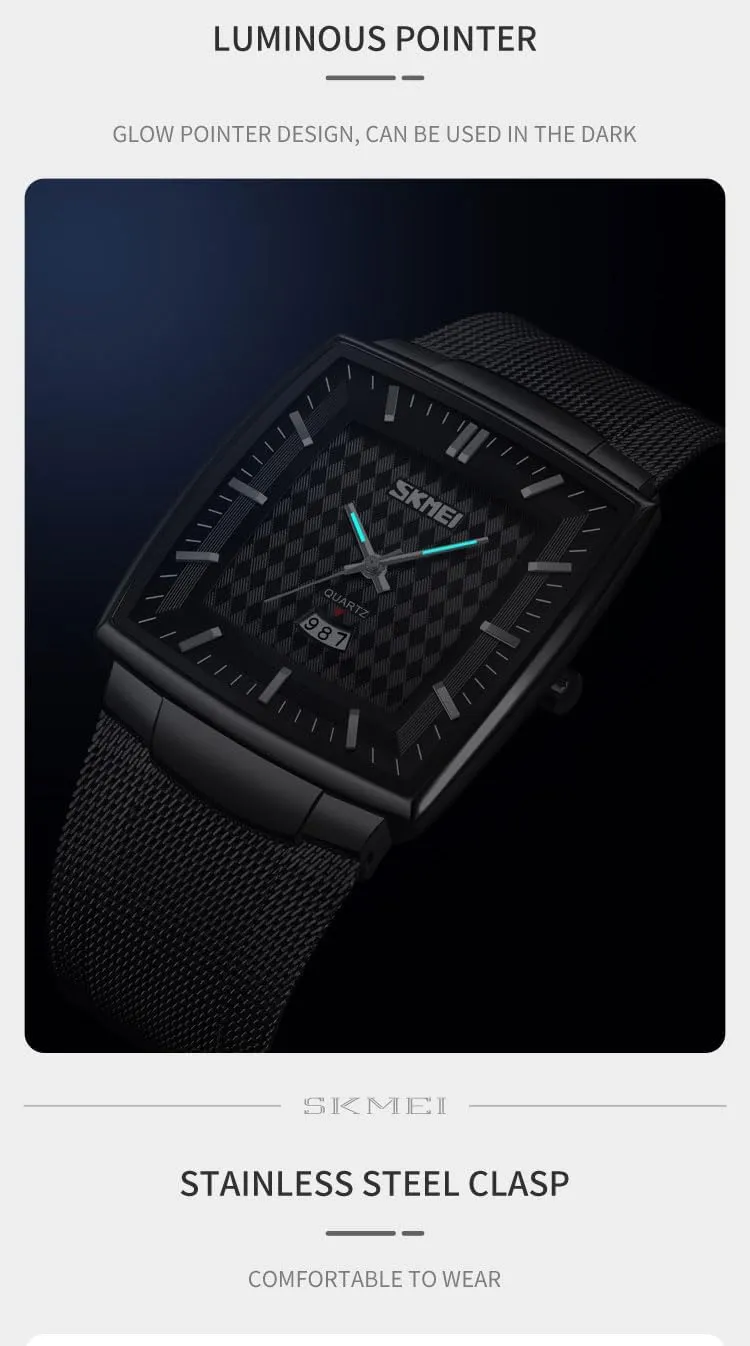 Large Dial Luminous Display Classic Stainless Steel Mesh Band Carlien Men's Business Fashion Square Watch Ultra-Thin Case Analog Quartz stereo bean luxurious acquire Waterproof Date Calendar 