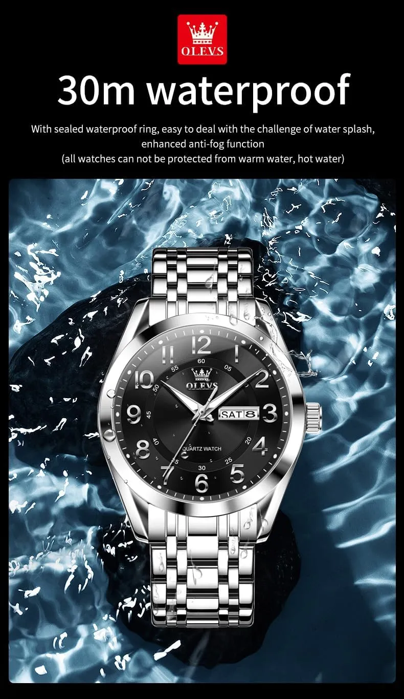 Large Numer mandate practicality grumble Easy to Read Quartz Watch Stainless Steel Waterproof Luminous Date Casual Male Watch OLEVS Mens Watches Business 