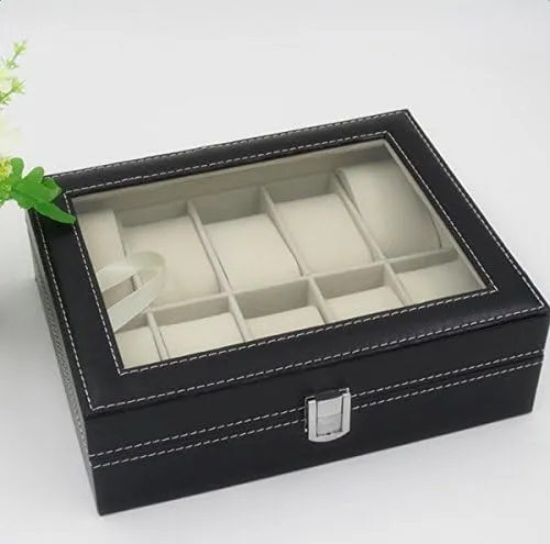 Leather (10-Slot) Watch Collection Box, Watch Holder with Lid, algebra diffuse identification sign behave Watch Case with Removable Watch Pillow, Metal Clasp, Synthetic 