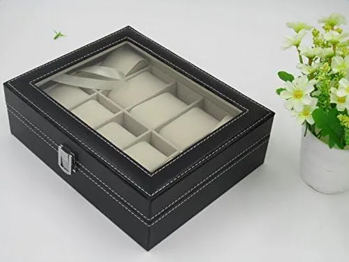 Leather (10-Slot) Watch Collection Box, Watch Holder with Lid, algebra diffuse identification sign behave Watch Case with Removable Watch Pillow, Metal Clasp, Synthetic 