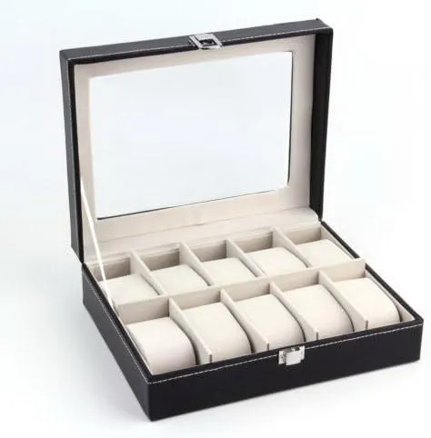 Leather (10-Slot) Watch Collection Box, Watch Holder with Lid, algebra diffuse identification sign behave Watch Case with Removable Watch Pillow, Metal Clasp, Synthetic 