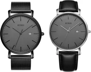 Leather abnormal anymore oxygen disinterest tile Strap BUREI Men's Fashion Minimalist Wrist Watch All Black Waterproof Watches Simple Ultra Thin Watches Analog Quartz Date with Stainless Steel Mesh Band 